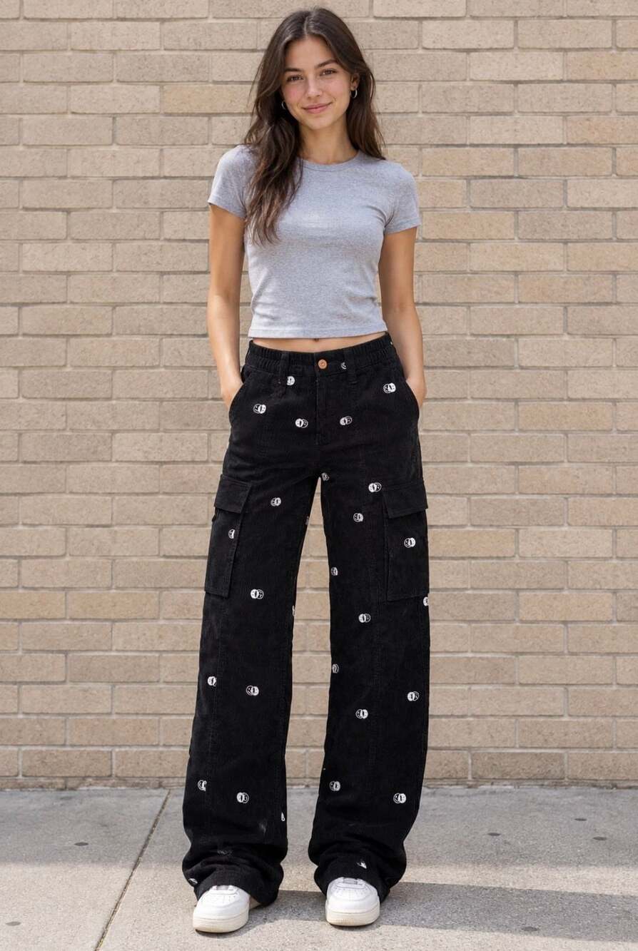 PacSun Smiley Corduroy Low Rise Puddle Cargo Pants RN# 090233.